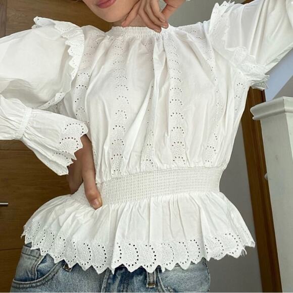 Topshop Shirred Embroidered White Ruffle Blouse Blouson Sleeves Size 6 Victorian - Picture 2 of 15